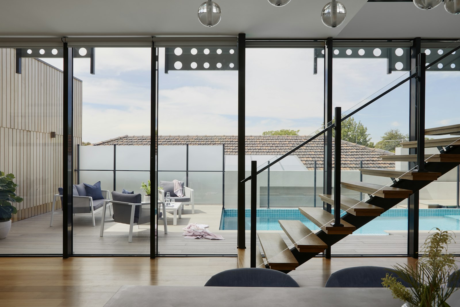 Living room with large windows and balanced interior light